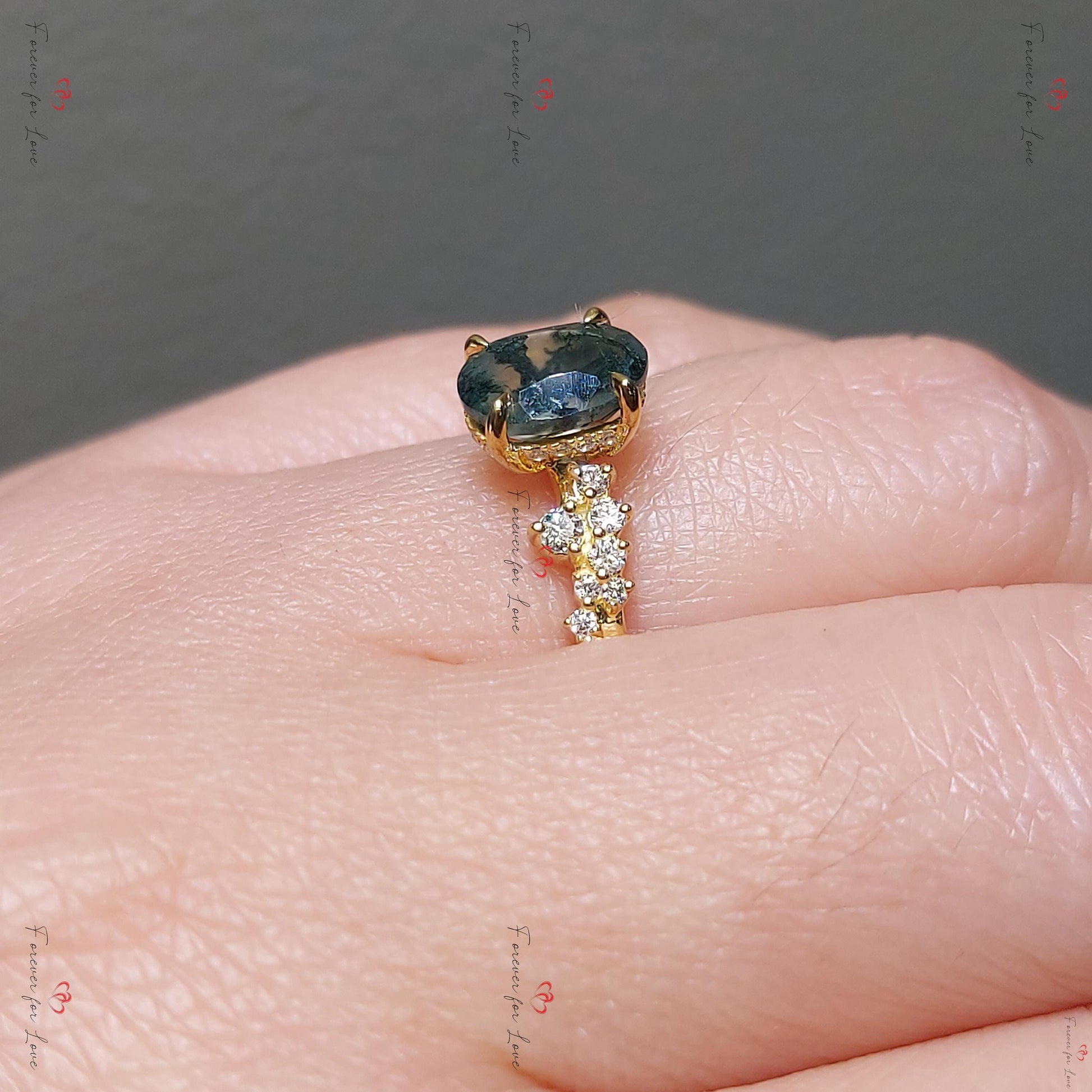 Oval Diamond, Moss Agate Engagement Ring