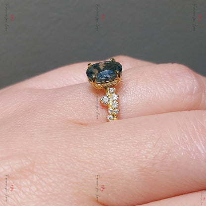 Oval Diamond, Moss Agate Engagement Ring