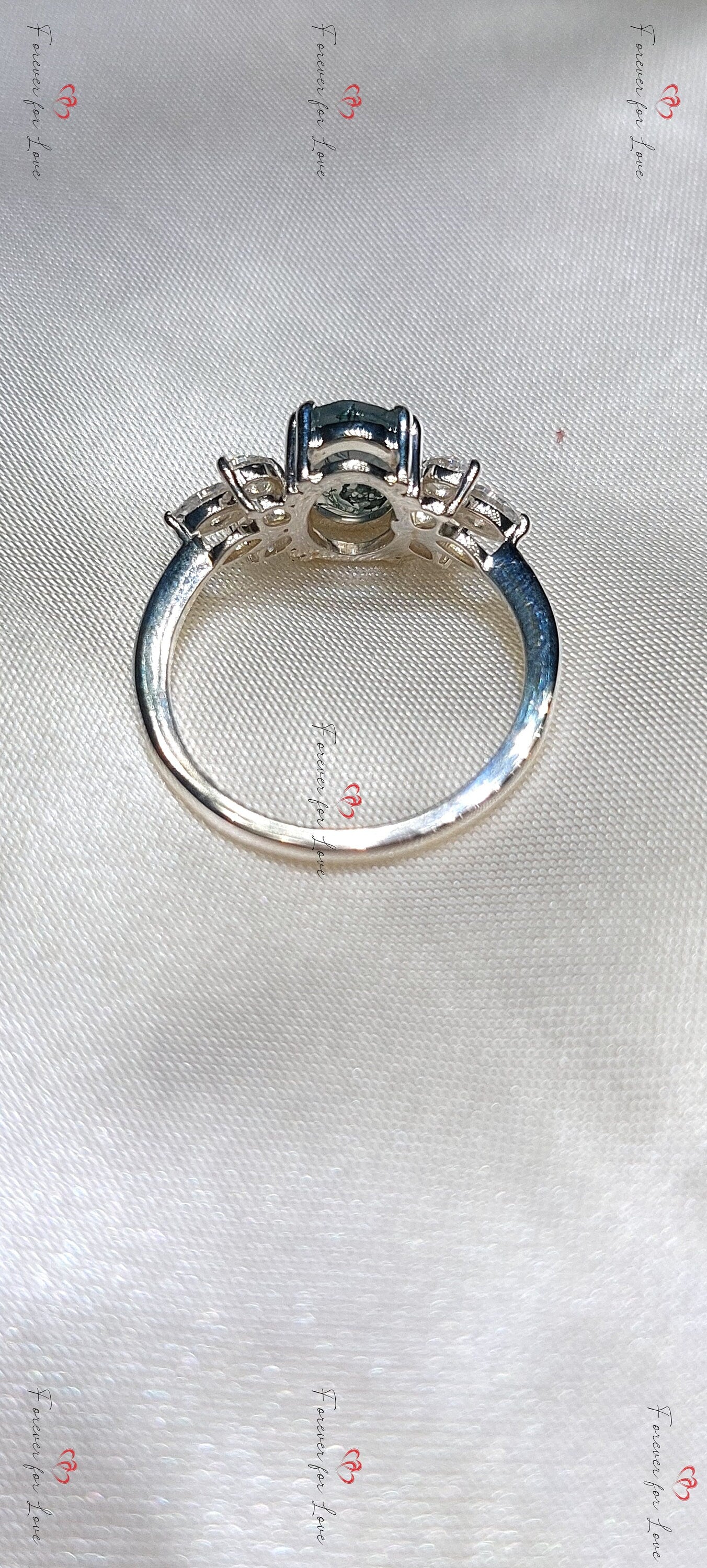 Natural Moss Agate Oval Engagement Ring White Gold Accented Vintage Promise Ring Marquise Diamond Promise Ring Anniversary Wedding Ring Oval cut Moissanite engagement ring in Gold or Platinum — custom handcrafted by Forever For Love