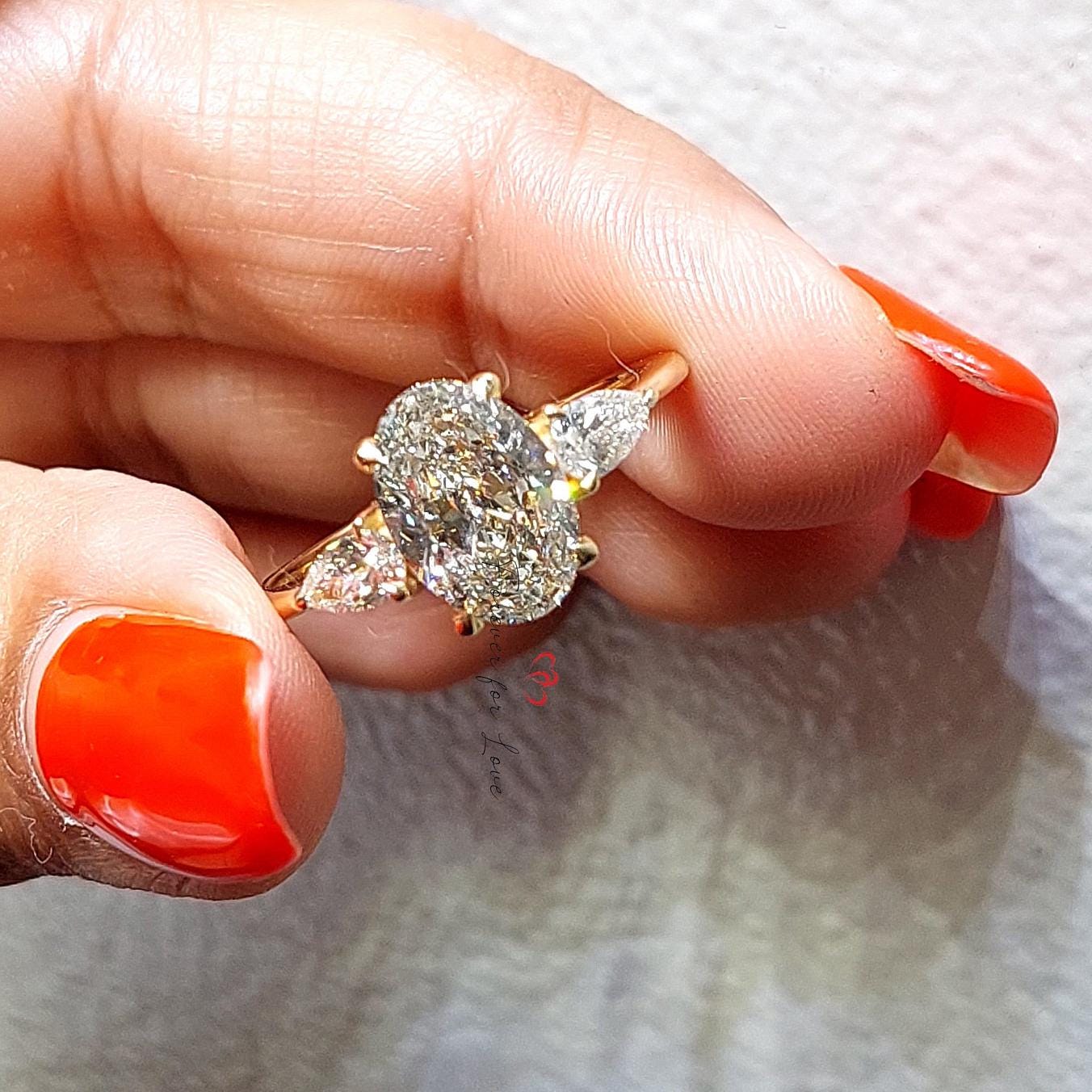 3 Ct Oval Diamond Three Stone Engagement Ring Oval cut Moissanite engagement ring in Gold or Platinum — custom handcrafted by Forever For Love