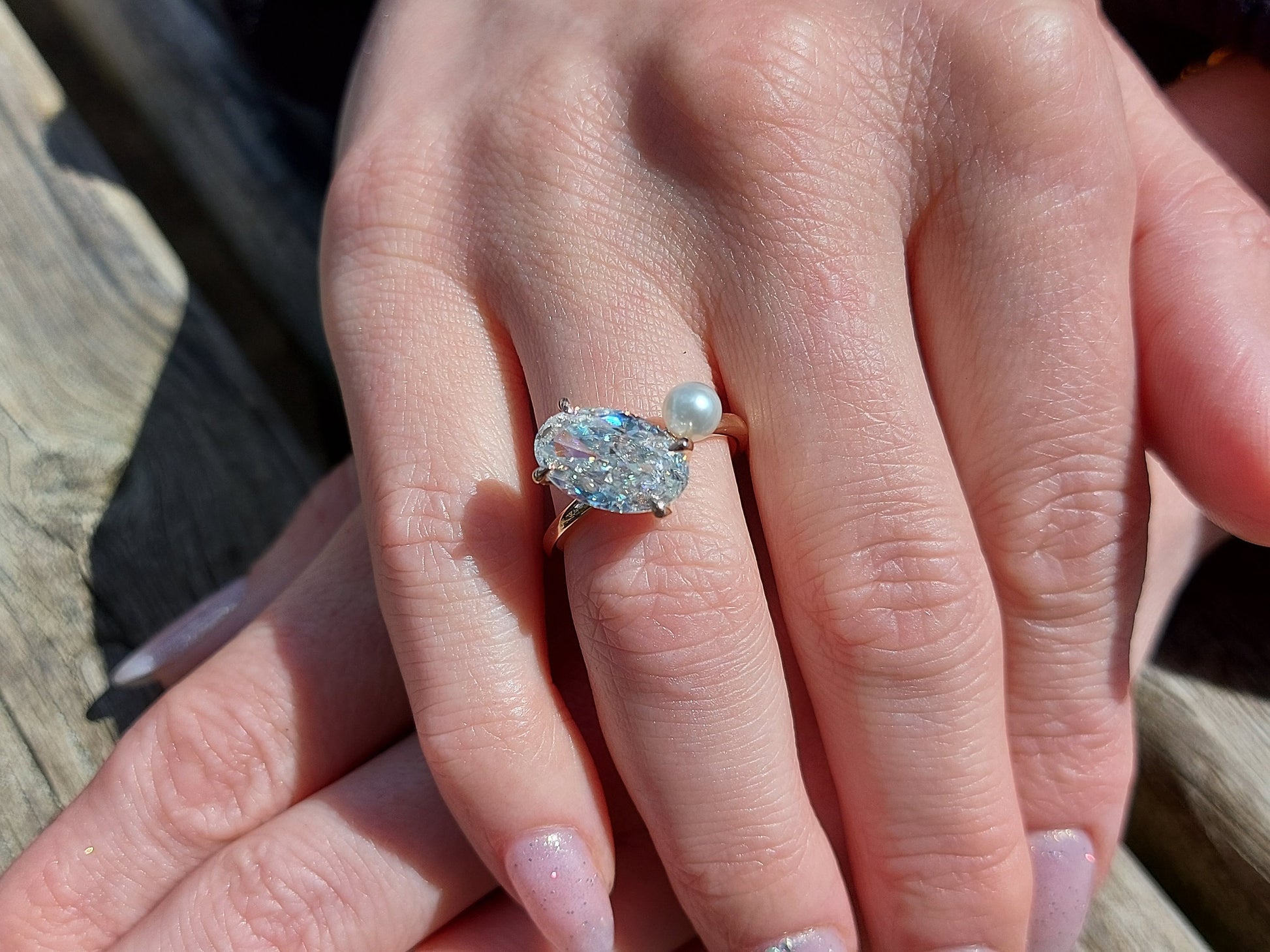 Oval Cut Moissanite Engagement Ring, 5Ct Crushed ice Oval 13*8mm engagement ring, Pearl & Diamond ring, Ariana Grande's Ring.