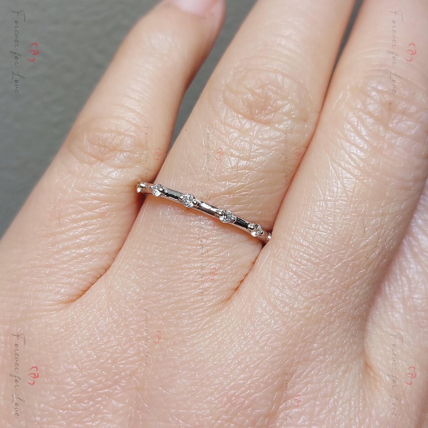 Round Natural Diamond Eternity Band with Shared Prong Setting Round cut Moissanite Brilliant Cut engagement ring in 935 Argentium Silver — custom handcrafted by Forever For Love