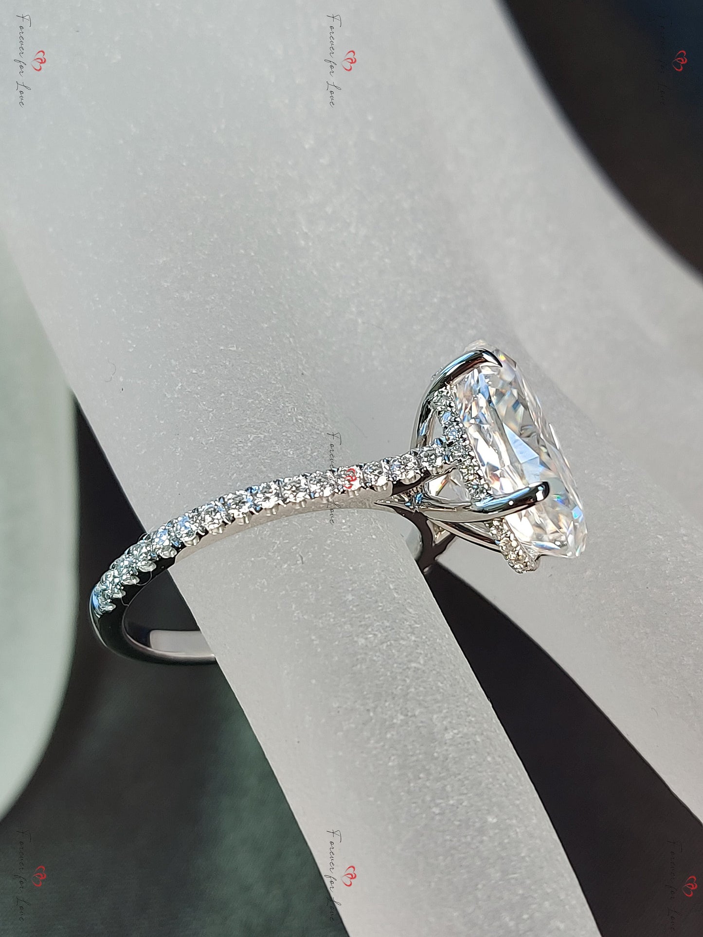 Bague de fiançailles ovale 6 carats Halo caché avec pavé Oval cut 1Ct Moissanite taille brillant engagement ring in Gold or Platinum — custom handcrafted by Forever For Love