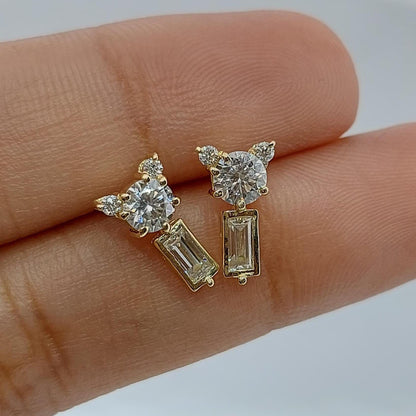 14k Gold Teddy Cluster Ohrringe, Baguette- und runde Diamanten, Labordiamant-Ohrstecker, im Labor gezüchteter Diamant, Ohrstecker aus massivem Gold, perfektes Geschenk