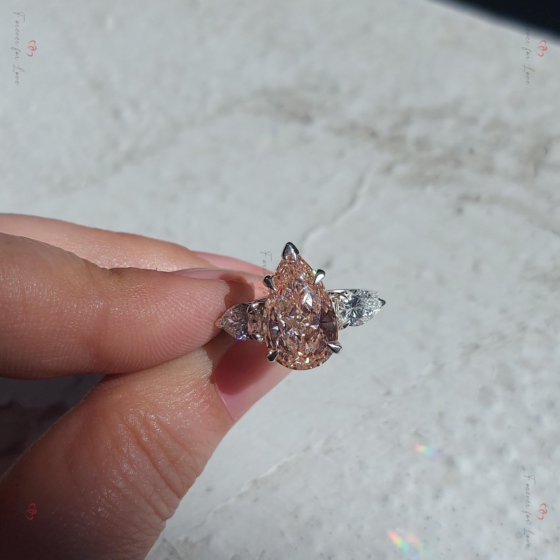 Pear Lab Diamond Three Stone Engagement Ring