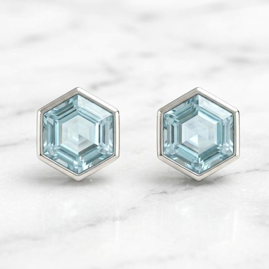 14k Gold Hexagon Aquamarine Stud Earrings – Minimalist Geometric Blue Gemstone Studs, Aquamarine studs, Unique design, Perfect Gift