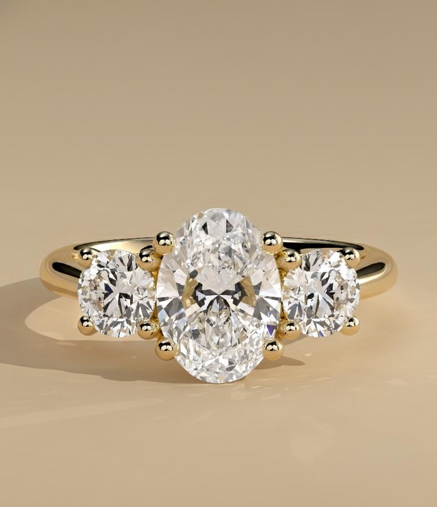 3 Ct Oval Lab Diamond Three Stone Trilogy Ring Oval cut Moissanite engagement ring in Gold or Platinum — custom handcrafted by Forever For Love