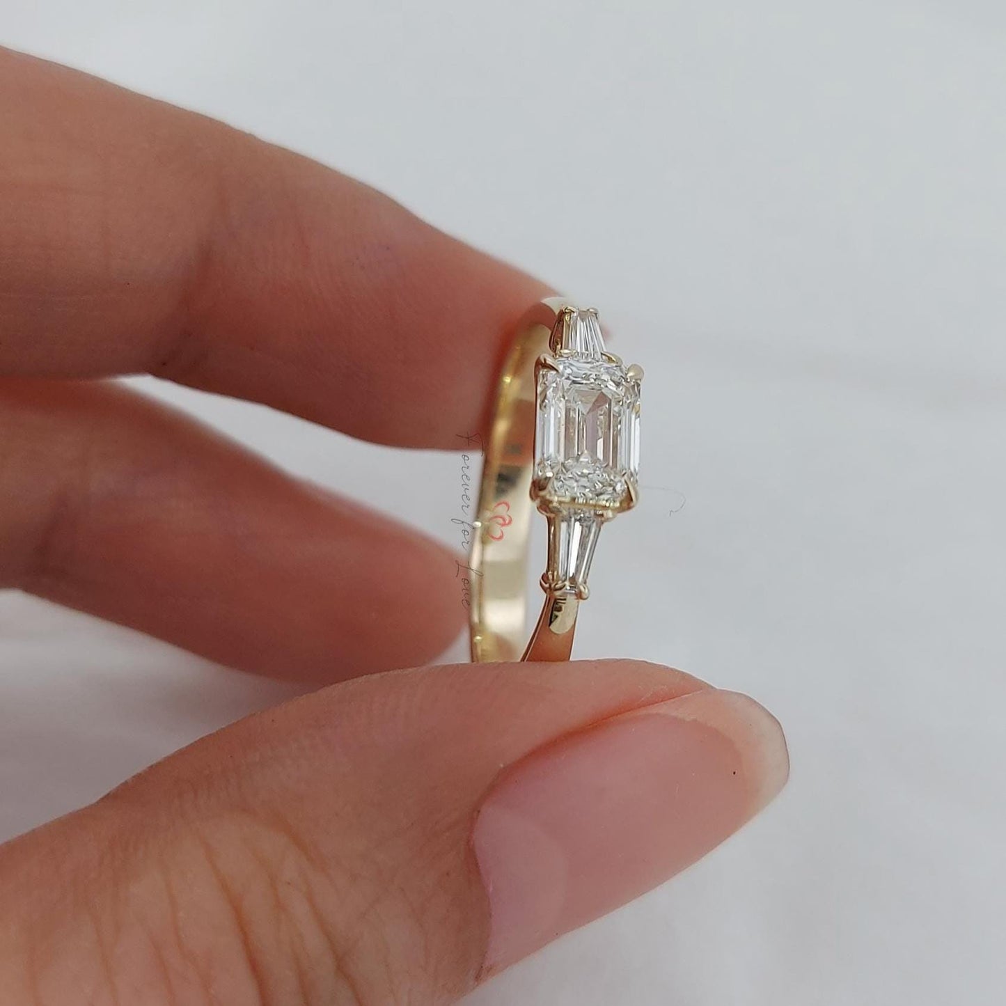 Emerald Diamond Three Stone Engagement Ring Emerald cut Moissanite engagement ring in Gold or Platinum — custom handcrafted by Forever For Love