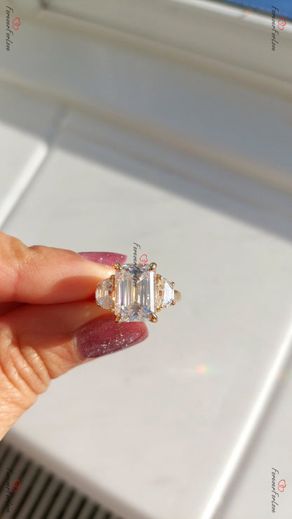 5 Ct Emerald Moissanite, Moonstone Three Stone Engagement Ring