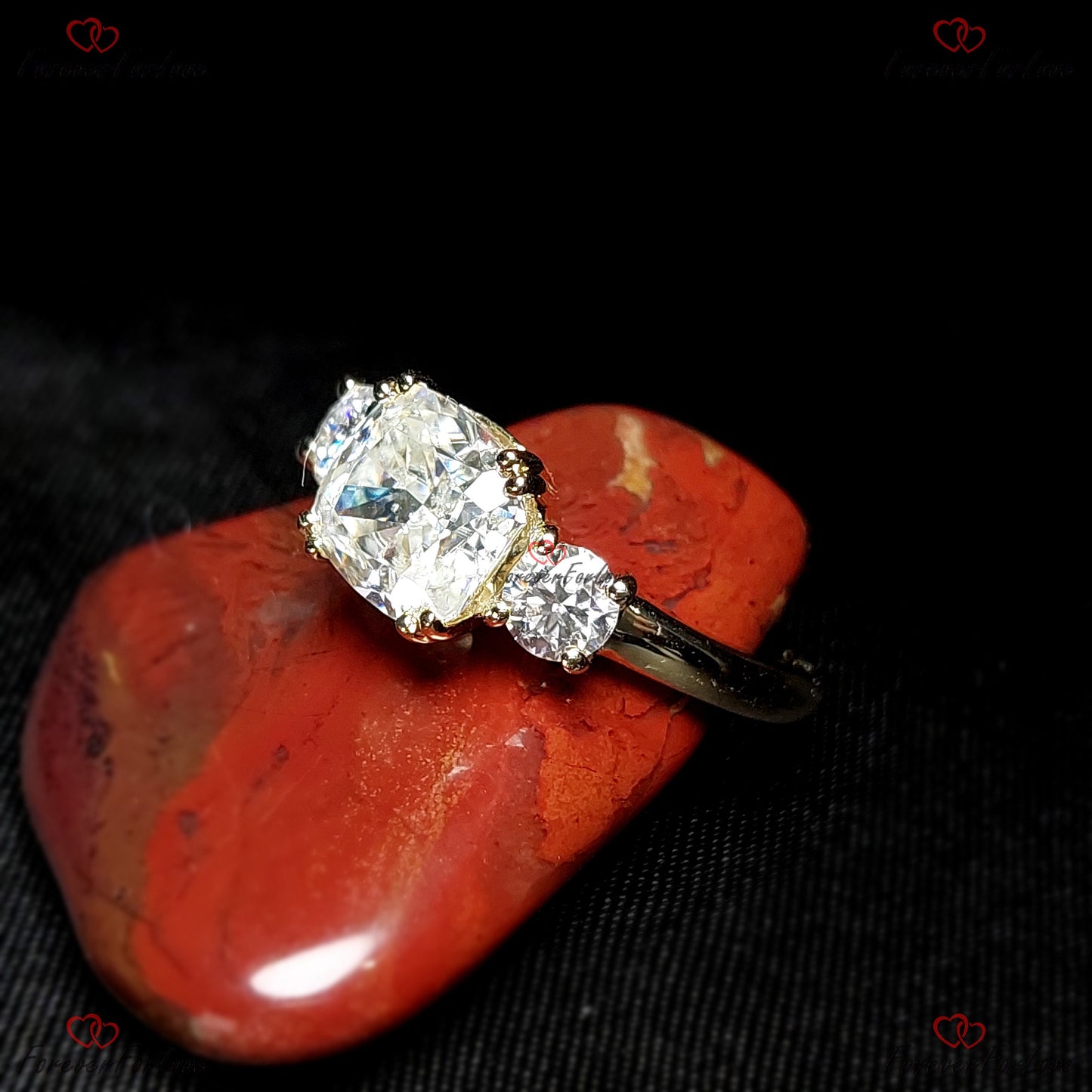 Cushion Moissanite Three Stone Engagement Ring Cushion cut Moissanite engagement ring in Gold or Platinum — custom handcrafted by Forever For Love