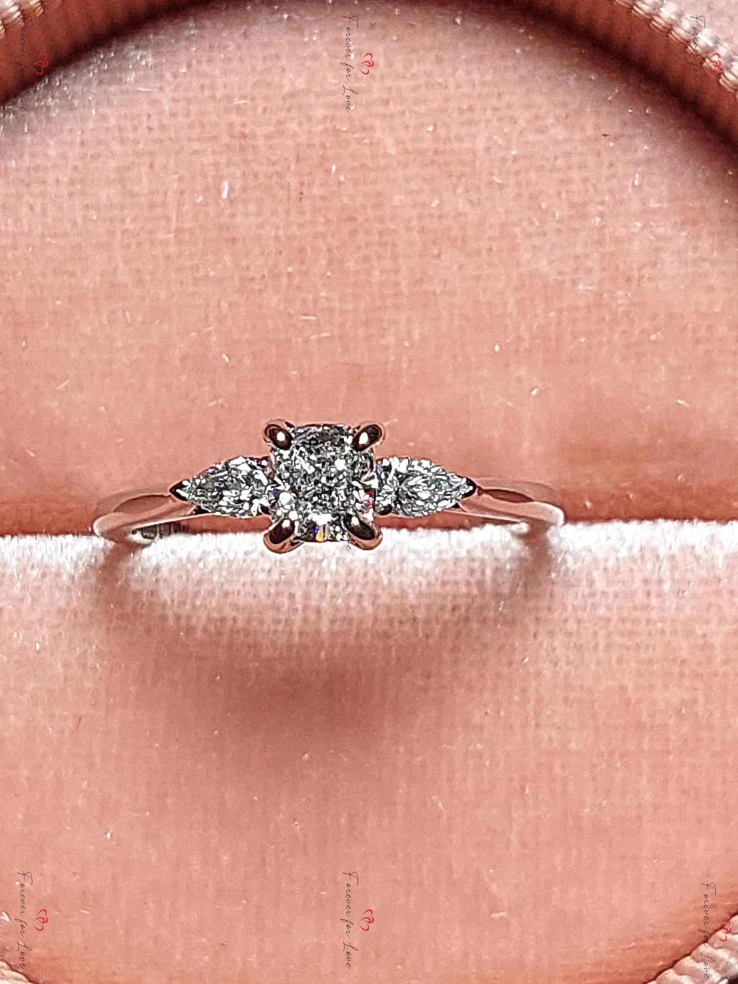 Cushion Lab Diamond, Moissanite Three Stone Engagement Ring Cushion cut Moissanite engagement ring in Gold or Platinum — custom handcrafted by Forever For Love