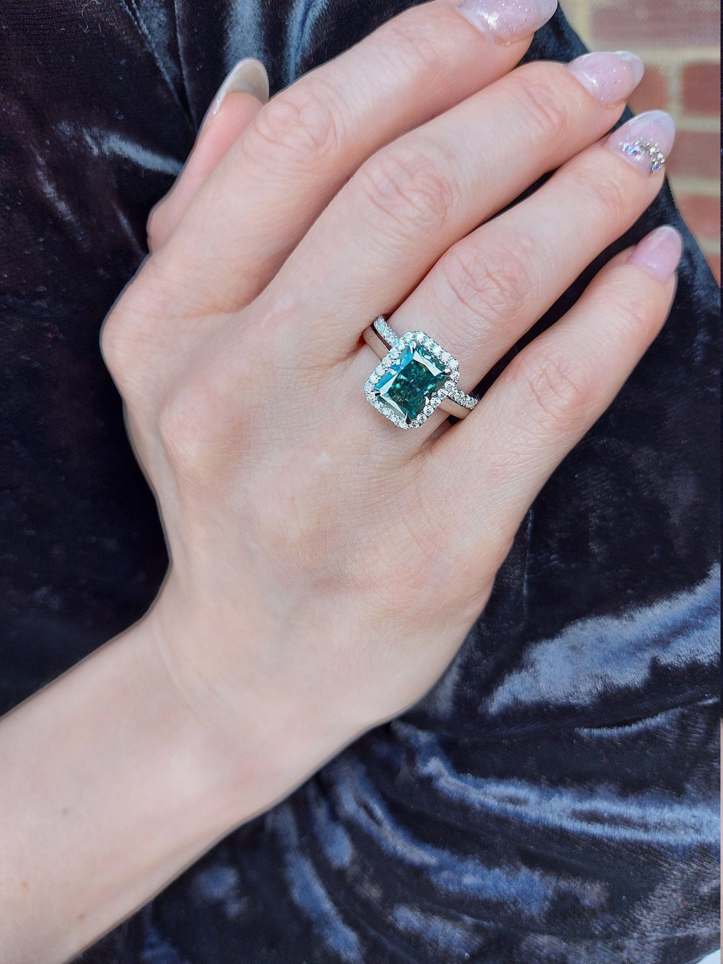 3 Ct Radiant Green Moissanite Eternity Band Radiant cut Moissanite Brilliant Cut engagement ring in 935 Argentium Silver — custom handcrafted by Forever For Love