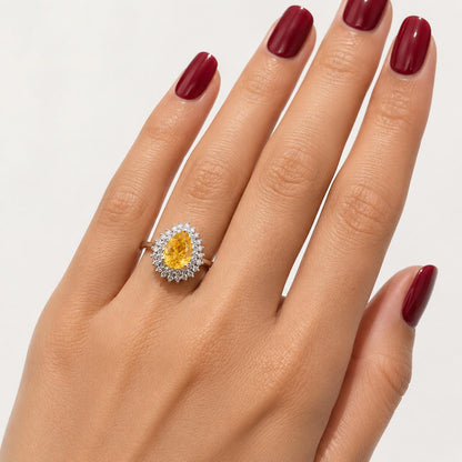 1.5 Ct Double Halo Pear Shape Cut Yellow sapphire Engagement Ring, Certified Pear cut, Natural Diamond ring, Yellow sapphire ring for Her.