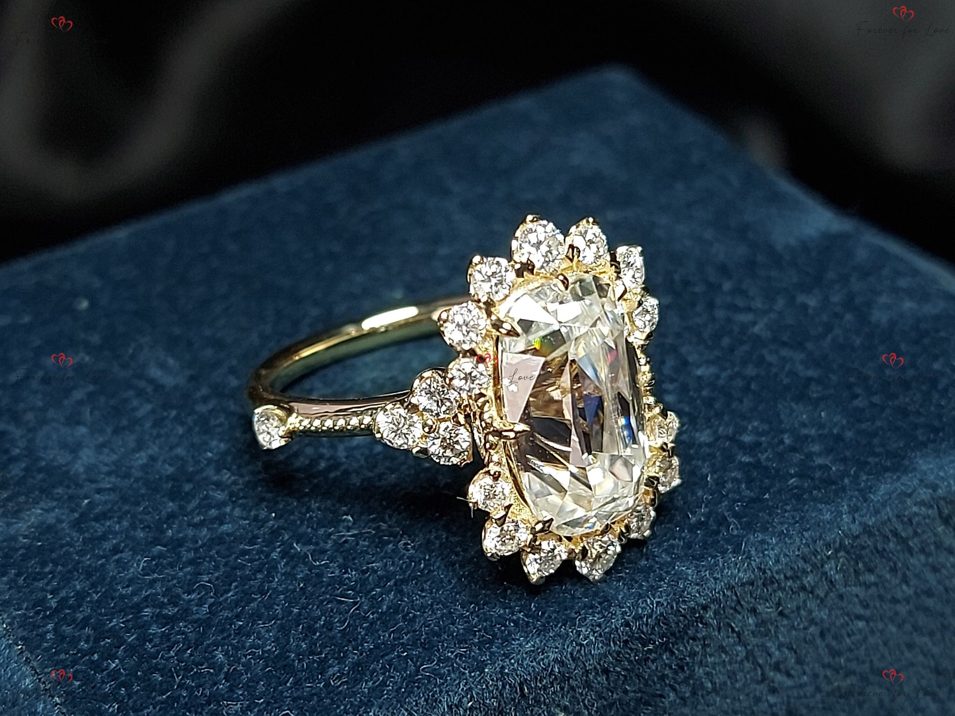 Vintage Cushion Cut Moissanite Engagement Ring, Halo Engagement Ring, Old Mine Cut Solitaire Solid Gold Solitaire Proposal Anniversary Ring.