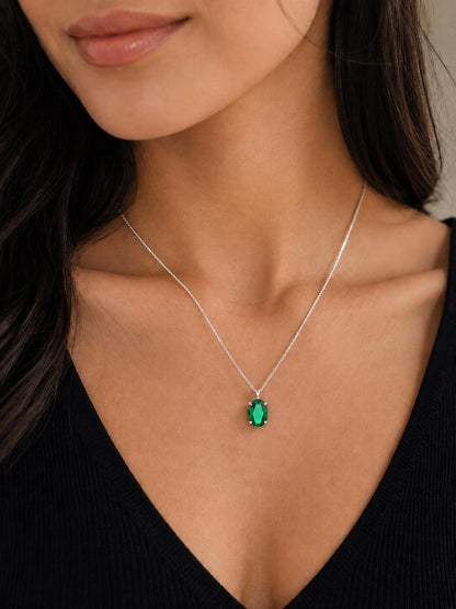 Emerald Pendant Necklace 14K Solid White Gold For Ladies Oval Shaped Emerald Necklace Pendant, Birthstone necklace, Perfect gift