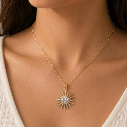 2,1 Karat E/VVS2 zertifizierter runder Diamant-Solitaire-Anhänger im Sunburst-Design mit Kette. 14k Gelbgold, im Labor gezüchteter Diamant, perfektes Geschenk