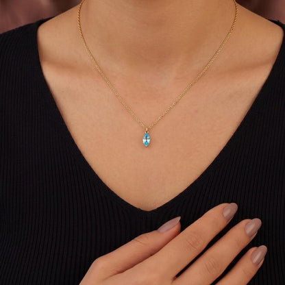0.4ct Marquise Aquamarin Halskette, 14k Massivgold, Zierliche Minimalistische Anhänger, Marquise Damenhalskette, Besonderes Geschenk Für Sie.