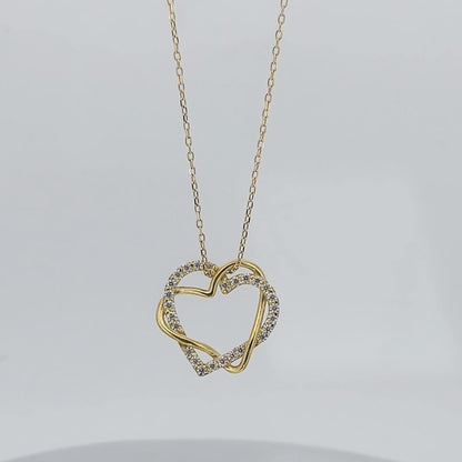 Collier double cœur en diamant, or jaune 14 carats, pendentif cœur délicat et minimaliste, véritable collier diamant pour femme, cadeau pour elle.