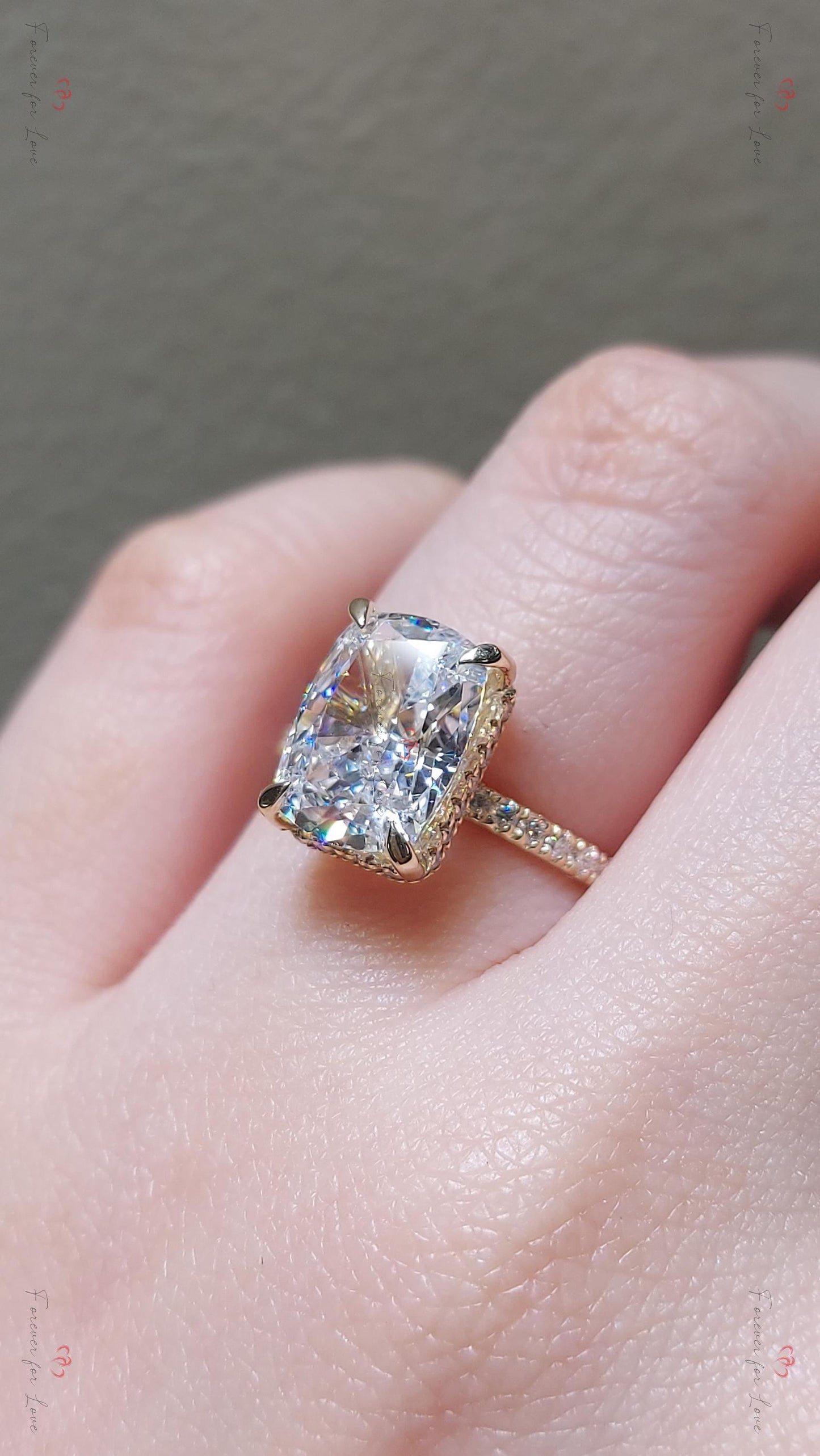 3 Ct IGI Certified Cushion Lab Diamond Hidden Halo Engagement Ring Cushion cut 1Ct Moissanite Brilliant Cut engagement ring in 935 Argentium Silver — custom handcrafted by Forever For Love