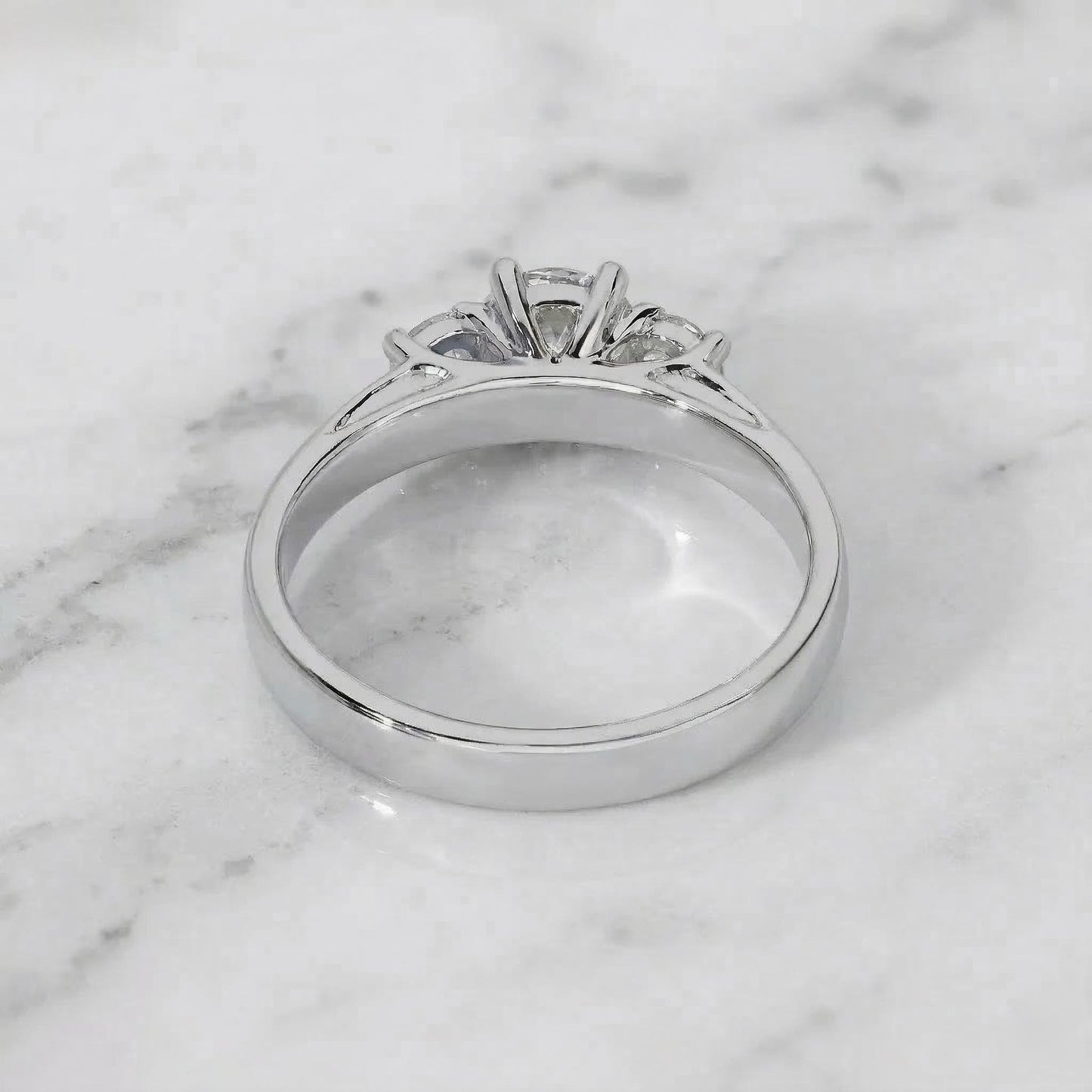 Round Lab Diamond Three Stone Trilogy Engagement Ring Round cut Moissanite engagement ring in Gold or Platinum — custom handcrafted by Forever For Love