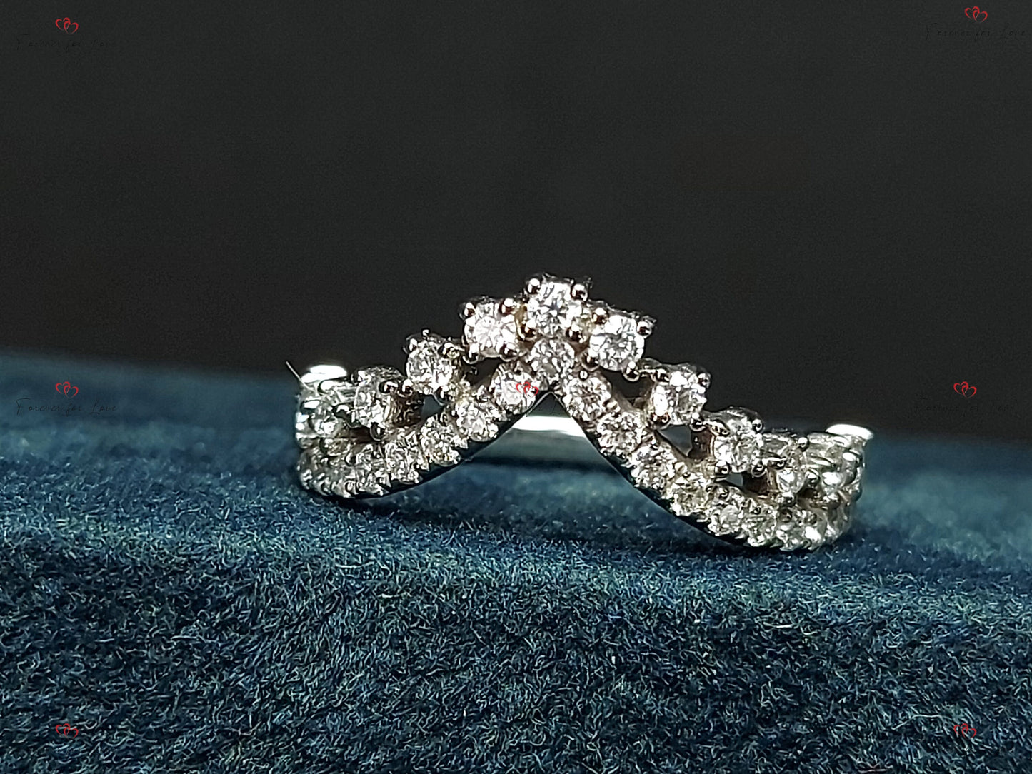 Crown Diamond Half Eternity Ring / 18k Half Eternity Diamond Wedding Band for Women Pave Set Stacking Ring / Real Genuine Natural Diamonds Round cut Moissanite Brilliant Cut engagement ring in 935 Argentium Silver — custom handcrafted by Forever For Love