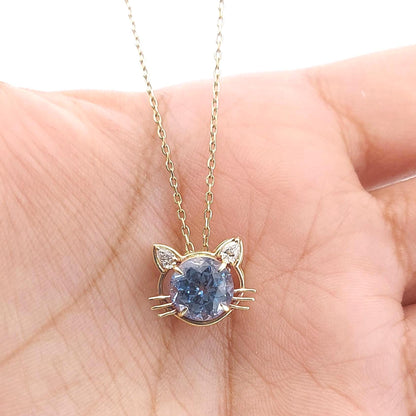 Aquamarin runder und birnenförmiger Diamant-Katzen-Halskette, IGI-zertifiziertes 14k Gelbgold, Labor-Diamant, Katzen-Anhänger, perfektes Geschenk