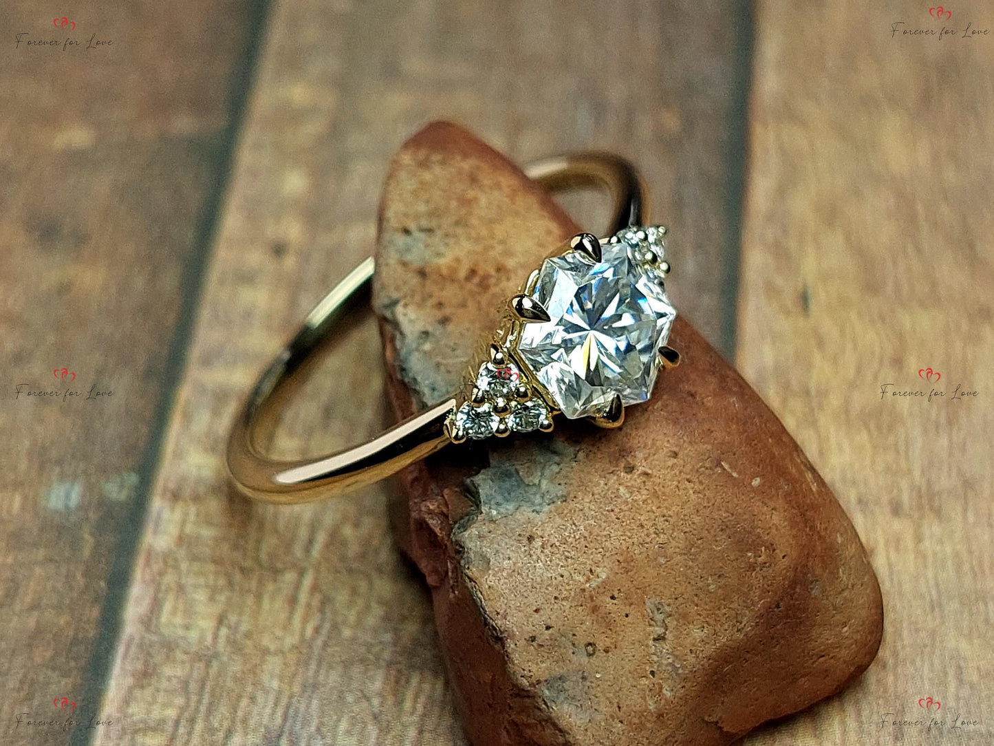 Hexagon Moissanite Engagement Ring Hexagon cut Moissanite engagement ring in Gold or Platinum — custom handcrafted by Forever For Love
