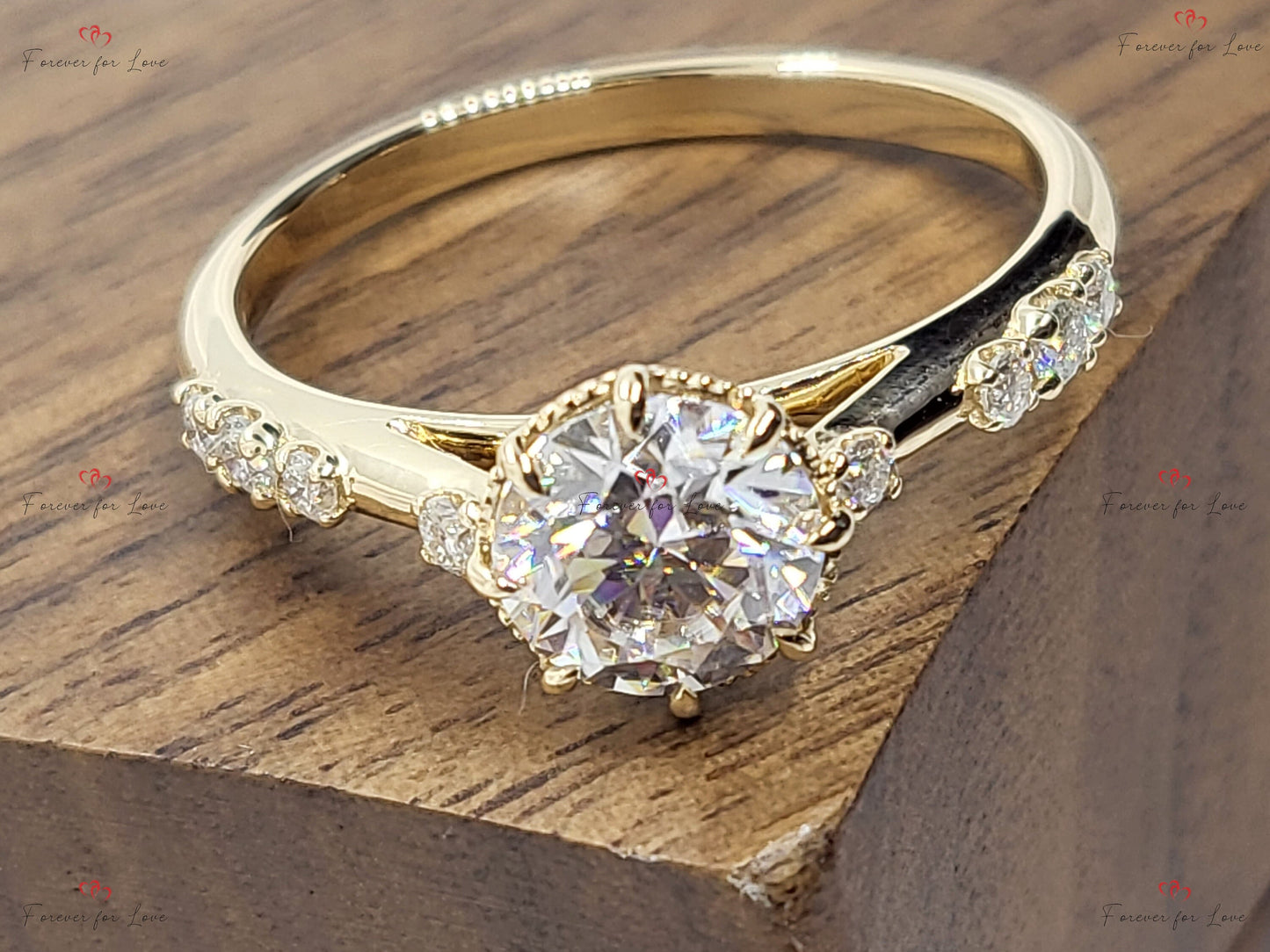 1 Ct Vintage Round Lab Diamond Cluster Ring Round cut Moissanite engagement ring in Gold or Platinum — custom handcrafted by Forever For Love