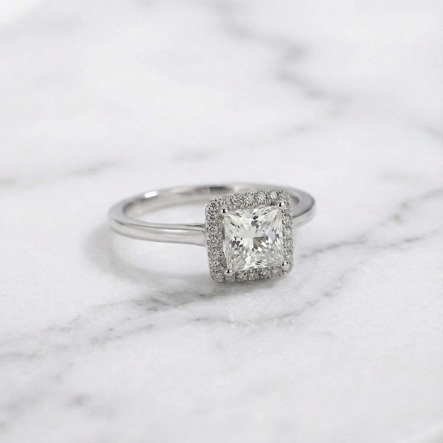 Princess Lab Diamond Halo Engagement Ring Princess cut 1Ct Moissanite Brilliant Cut engagement ring in 935 Argentium Silver — custom handcrafted by Forever For Love
