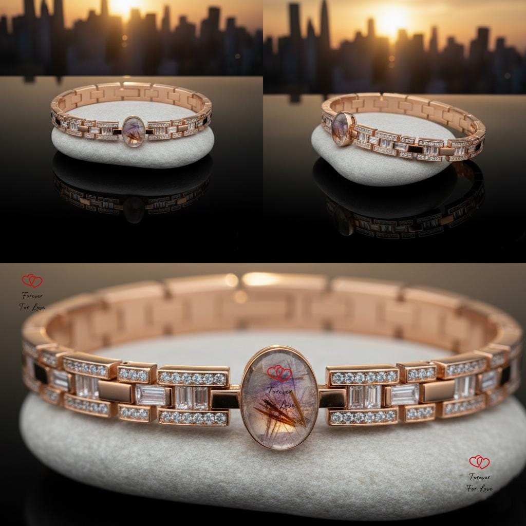 Golden Rutilated Quartz Bracelet with Baguette Diamonds, Solid Yellow Gold Bracelet, Angel Hair Quartz, Anniversary Gift, Fully Customizable Moissnaite engagement ring in Gold or Platinum — custom handcrafted by Forever For Love