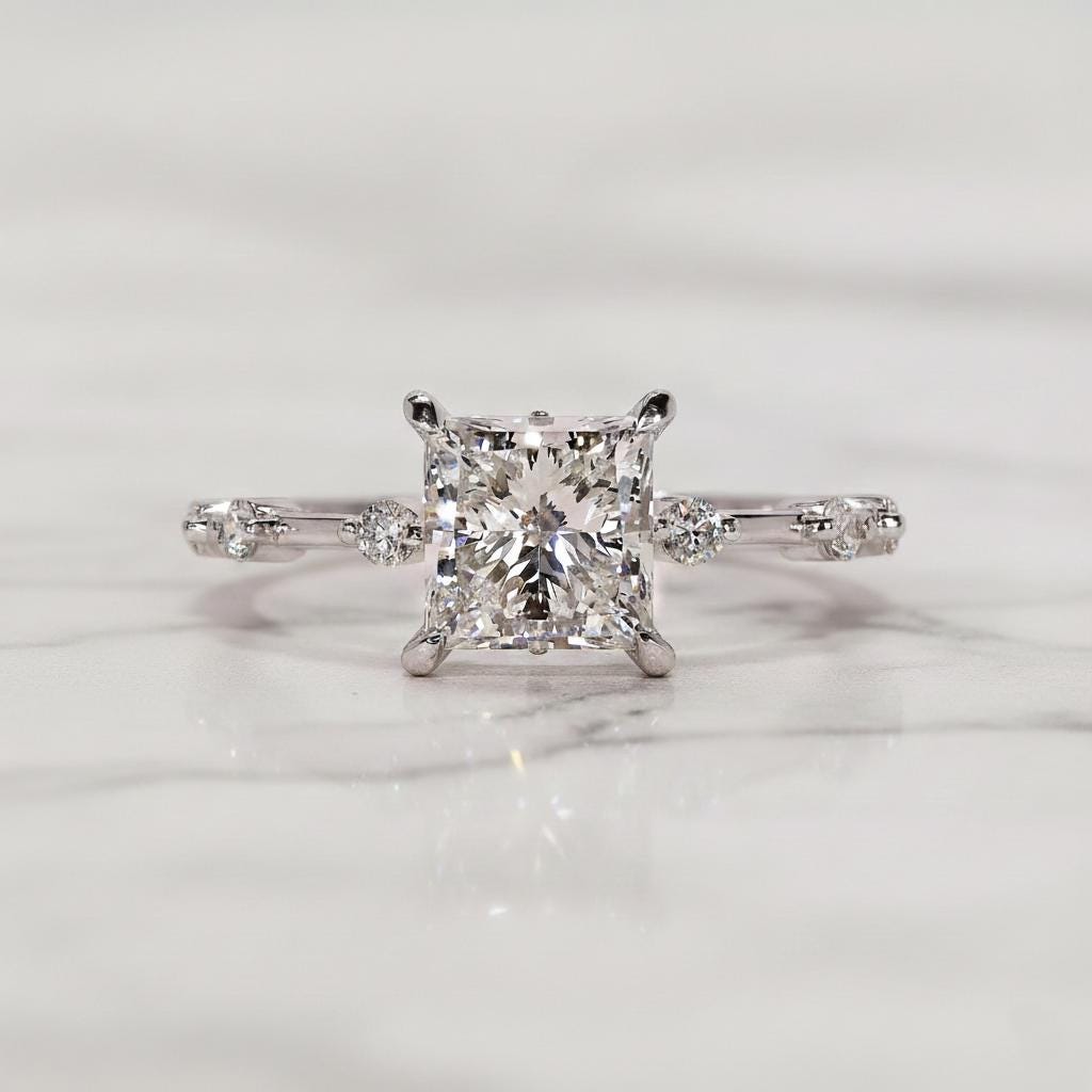 Princess Cut Diamond Engagement Ring Genuine Lab Grown Diamond Ring Proposal Ring for Her Distance Pave Setting Ring Unique Anniversary Gift