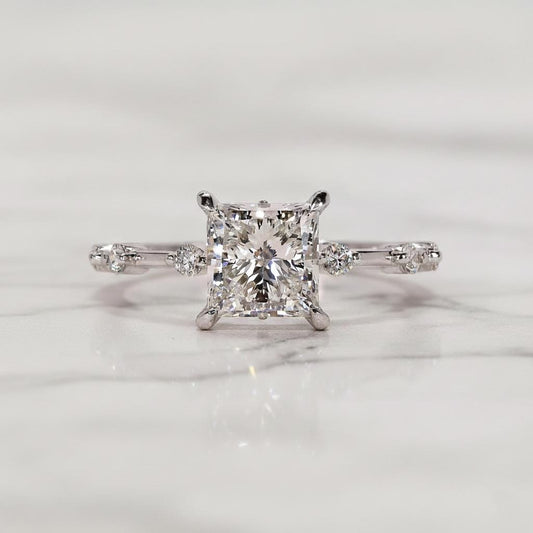 Princess Cut Diamond Engagement Ring Genuine Lab Grown Diamond Ring Proposal Ring for Her Distance Pave Setting Ring Unique Anniversary Gift