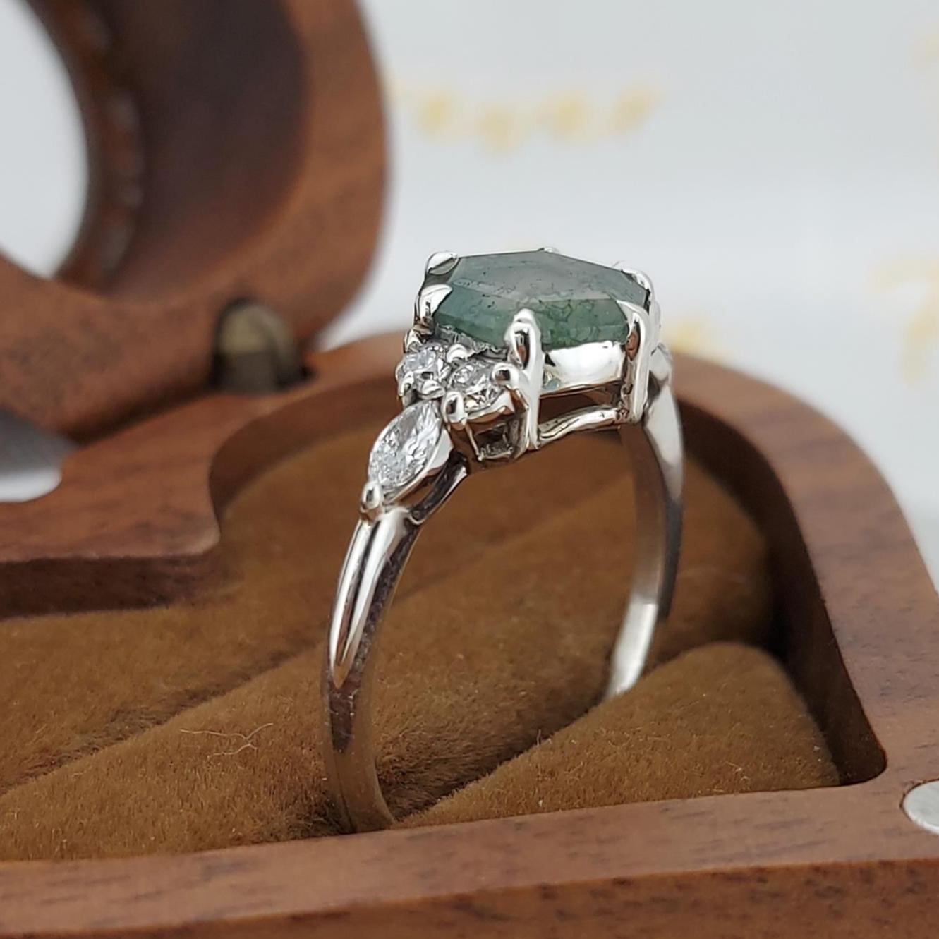 Hexagon Lab Diamond, Moss Agate Engagement Ring