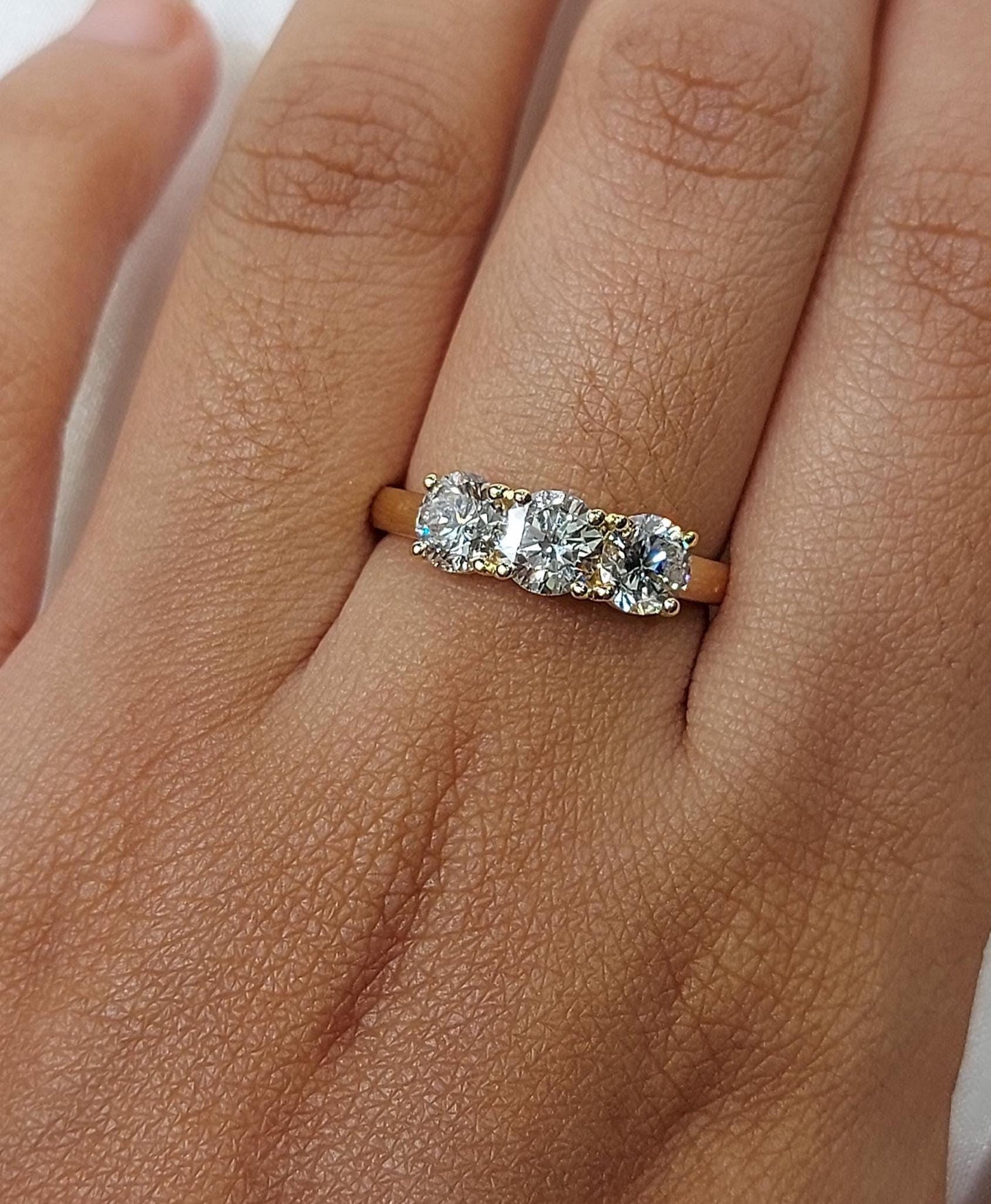 1.5 Ct IGI Certified Round Three Stone Diamond Ring Round cut Moissanite engagement ring in Gold or Platinum — custom handcrafted by Forever For Love
