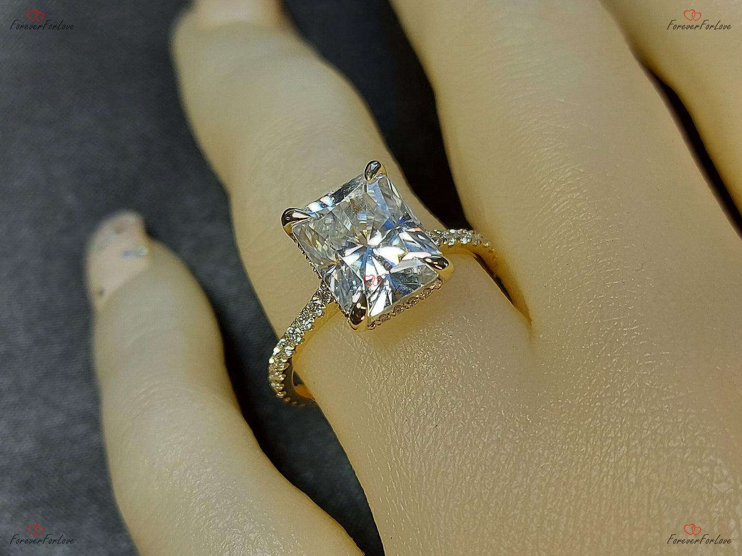4 Ct Radiant Moissanite Pavé Band Engagement Ring Radiant cut 1Ct Moissanite Brilliant Cut engagement ring in 935 Argentium Silver — custom handcrafted by Forever For Love