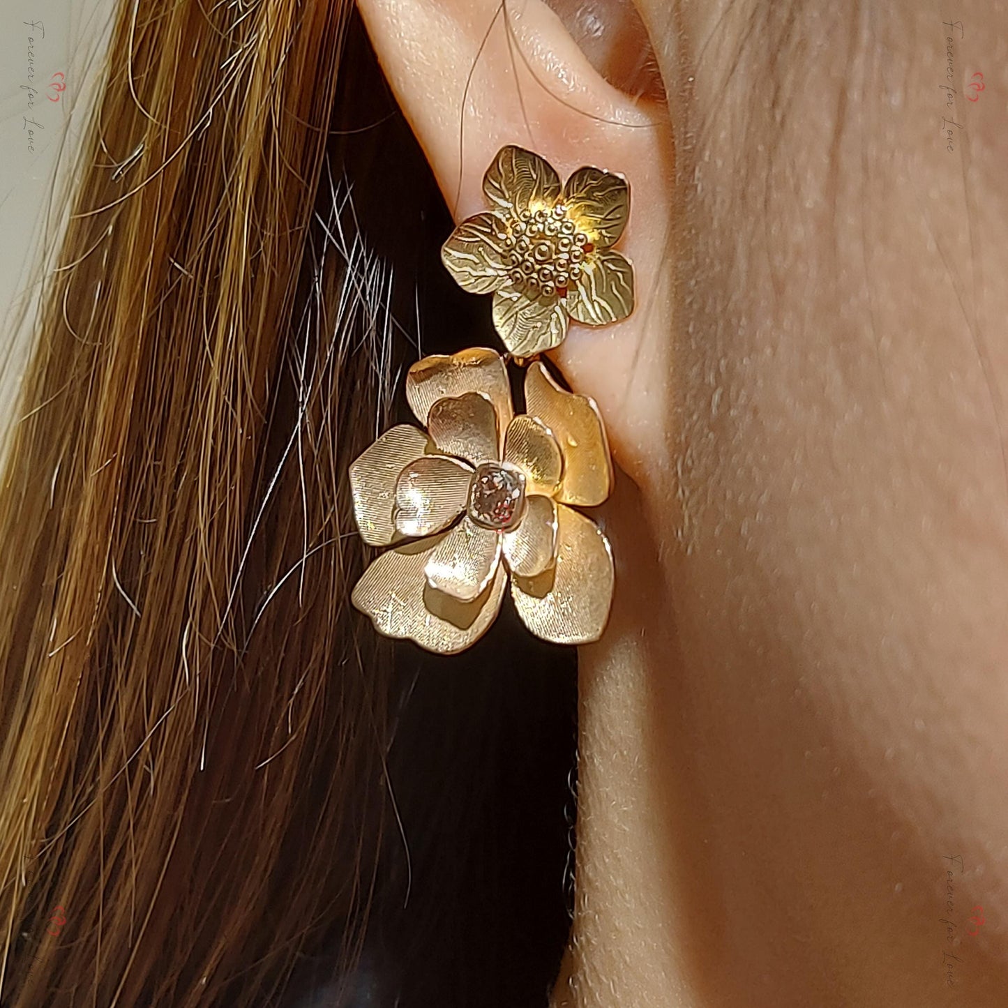 14k Gold Flower Drop, Solid Dangling Gold Earring with Flower Charms, Bubble Flower Earring Charm, Flower Earrings, Dangling diamond Moissanite engagement ring in Gold or Platinum — custom handcrafted by Forever For Love
