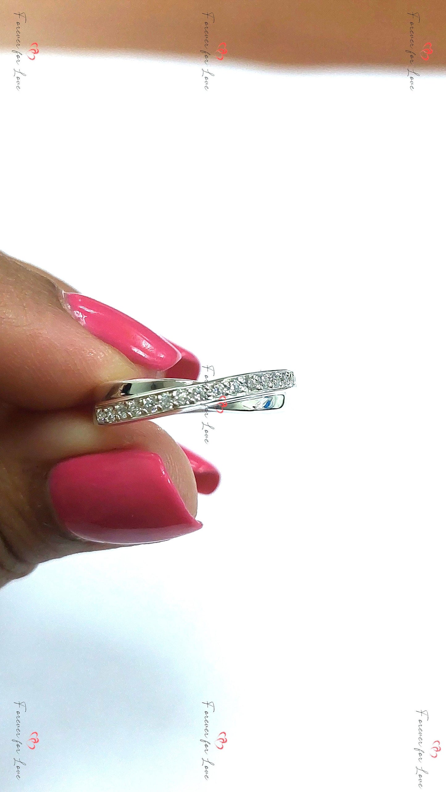 Twist Diamond Eternity Band Round cut Moissanite Brilliant Cut engagement ring in 935 Argentium Silver — custom handcrafted by Forever For Love