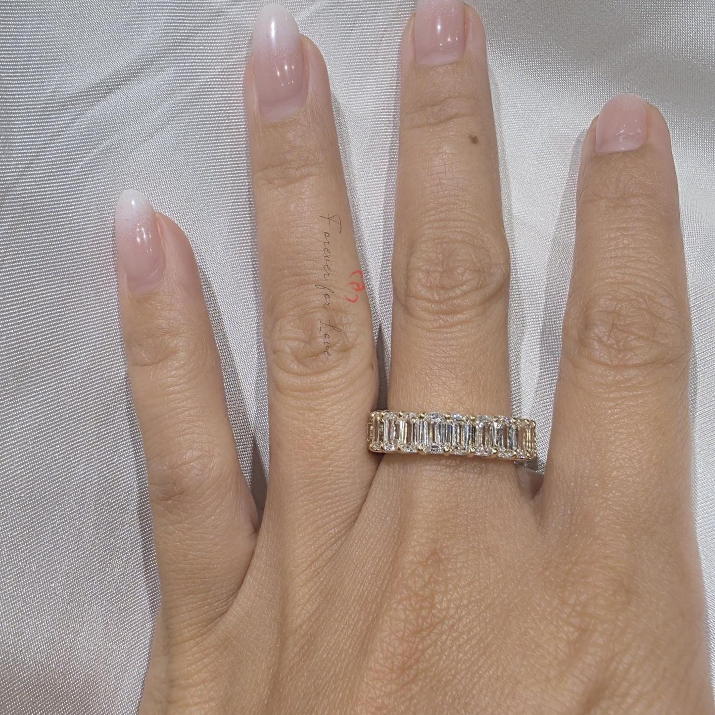4 TCW Emerald cut Diamond wedding band Emerald cut Half eternity band Solid Yellow gold wedding band bridal ring Stacking Promise ring. Emerald cut Moissanite Brilliant Cut engagement ring in 935 Argentium Silver — custom handcrafted by Forever For Love