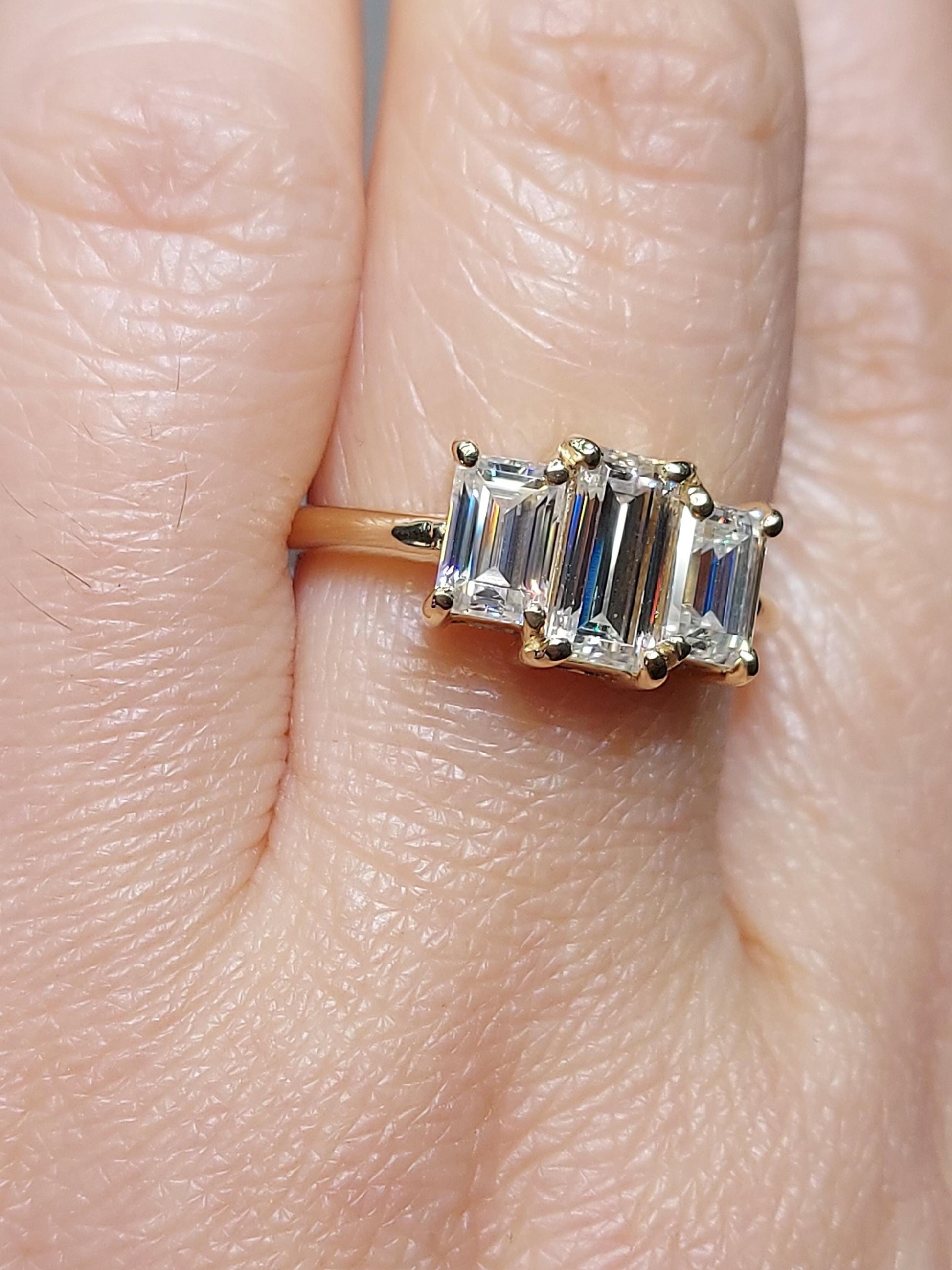 Baguette Diamond, Moissanite Three Stone Ring