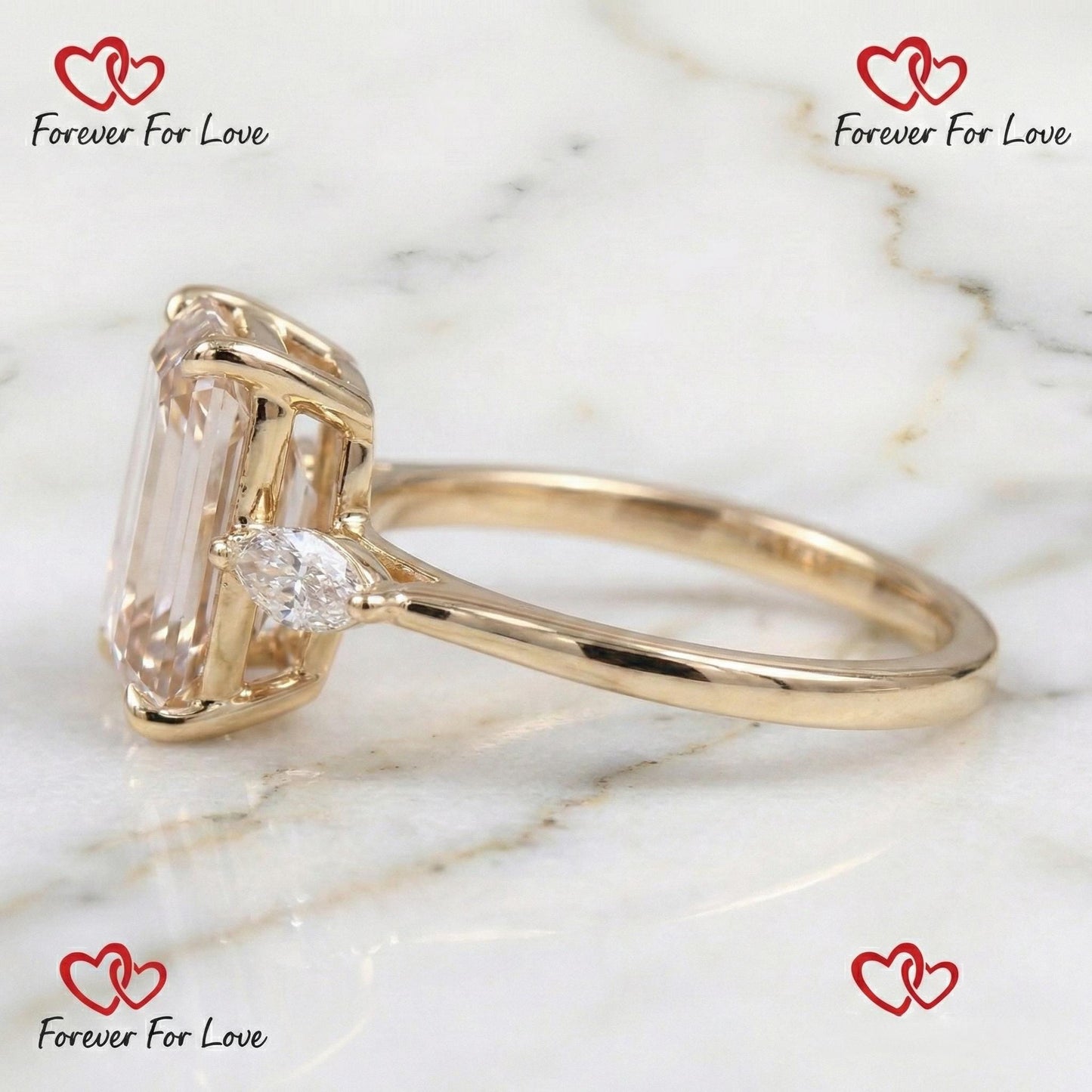 3.1 Ct IGI Certified Emerald Lab Diamond Three Stone Engagement Ring Emerald cut Moissanite engagement ring in Gold or Platinum — custom handcrafted by Forever For Love