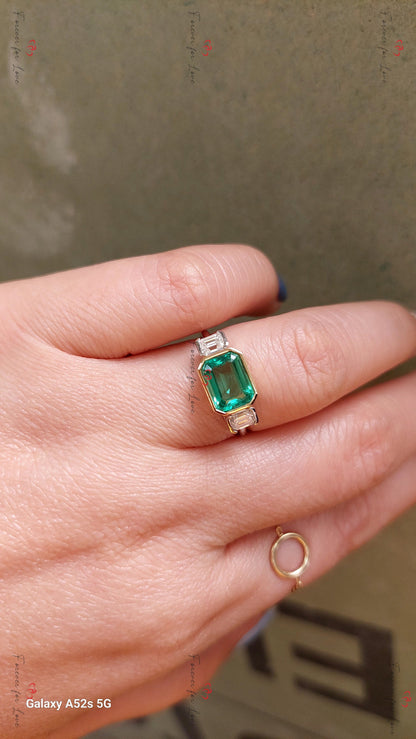 Baguette Diamond, Emerald Three Stone Ring