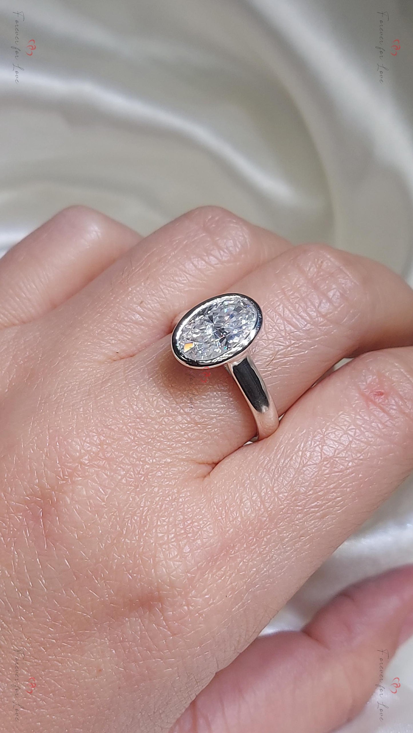 4 Ct Oval Moissanite Halo Engagement Ring Oval cut 1Ct Moissanite Brilliant Cut engagement ring in 935 Argentium Silver — custom handcrafted by Forever For Love