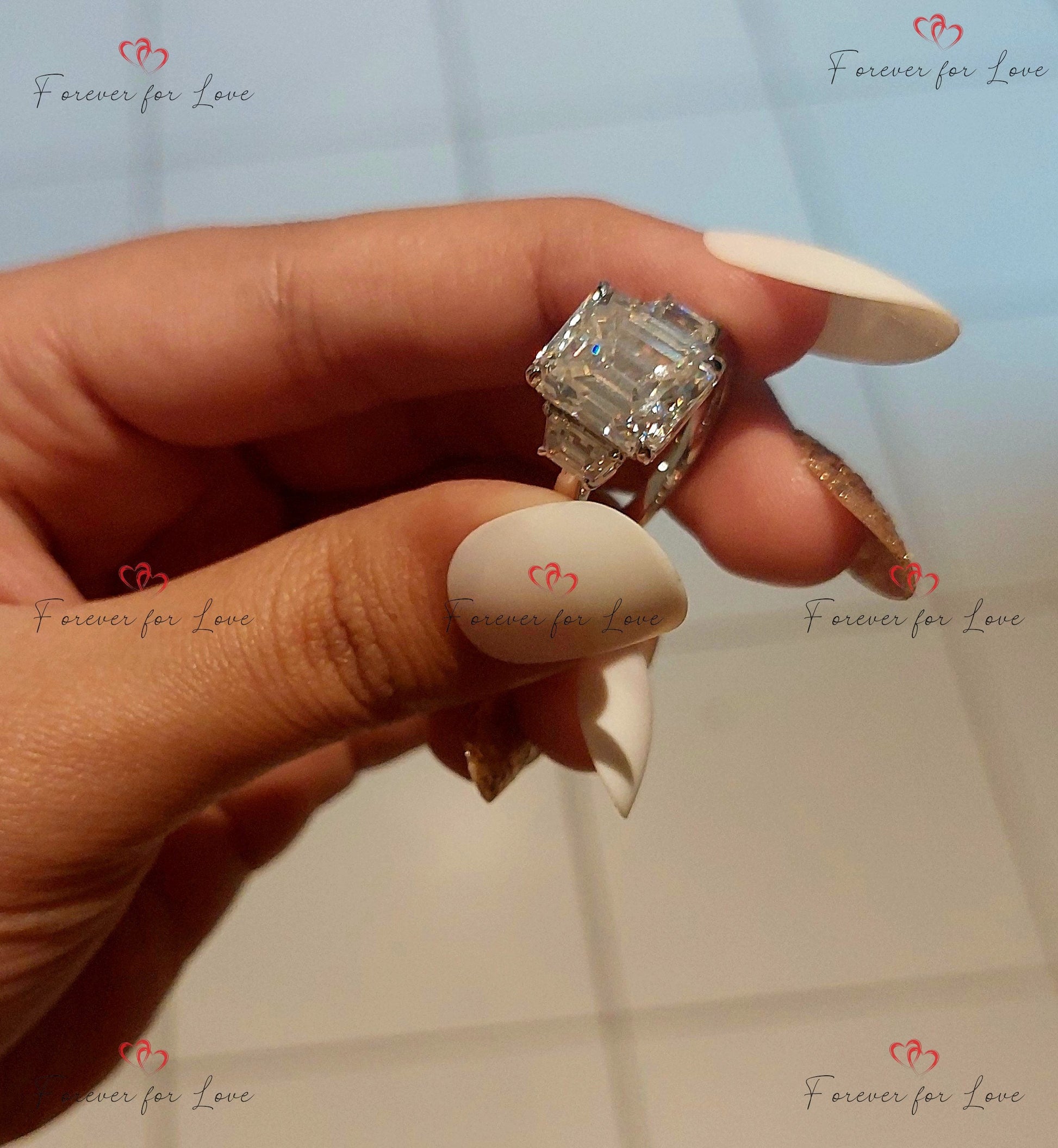 5Ct Emerald Cut Diamond Emerald Cut and Trapezoid Cut Diamond Engagement Ring, Three Stone Wedding Ring, Anniversary Trilogy Ring.