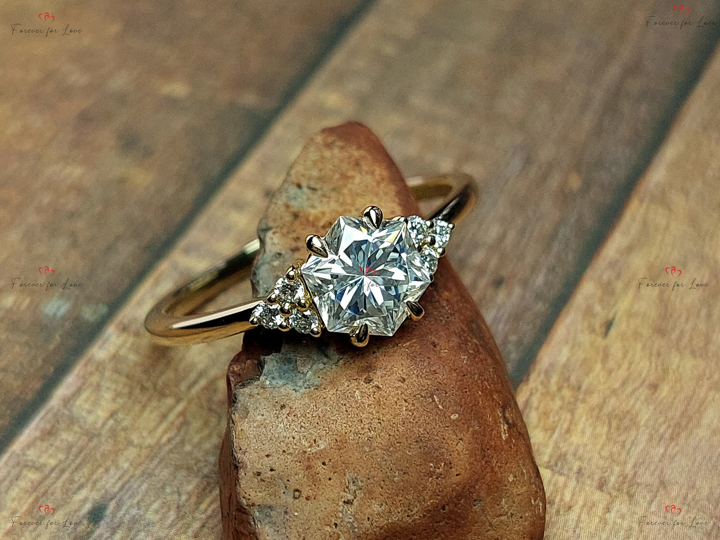 Hexagon Moissanite Engagement Ring Hexagon cut Moissanite engagement ring in Gold or Platinum — custom handcrafted by Forever For Love