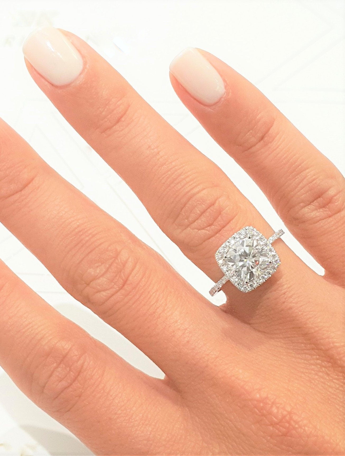3 Carat Cushion cut Halo Moissanite Engagement Ring 14k White Gold, Genuine UK Hallmark Wedding Ring Diamond Halo