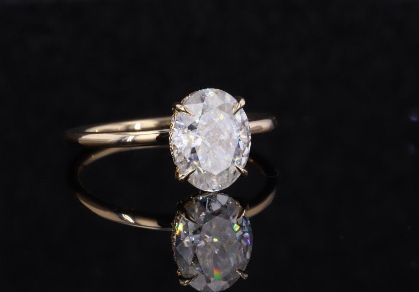 2Ct Crushed ice Oval 9*7mm Moissanite Solitaire Engagement Ring in 14K White Gold ring, diamond hidden halo ring,.