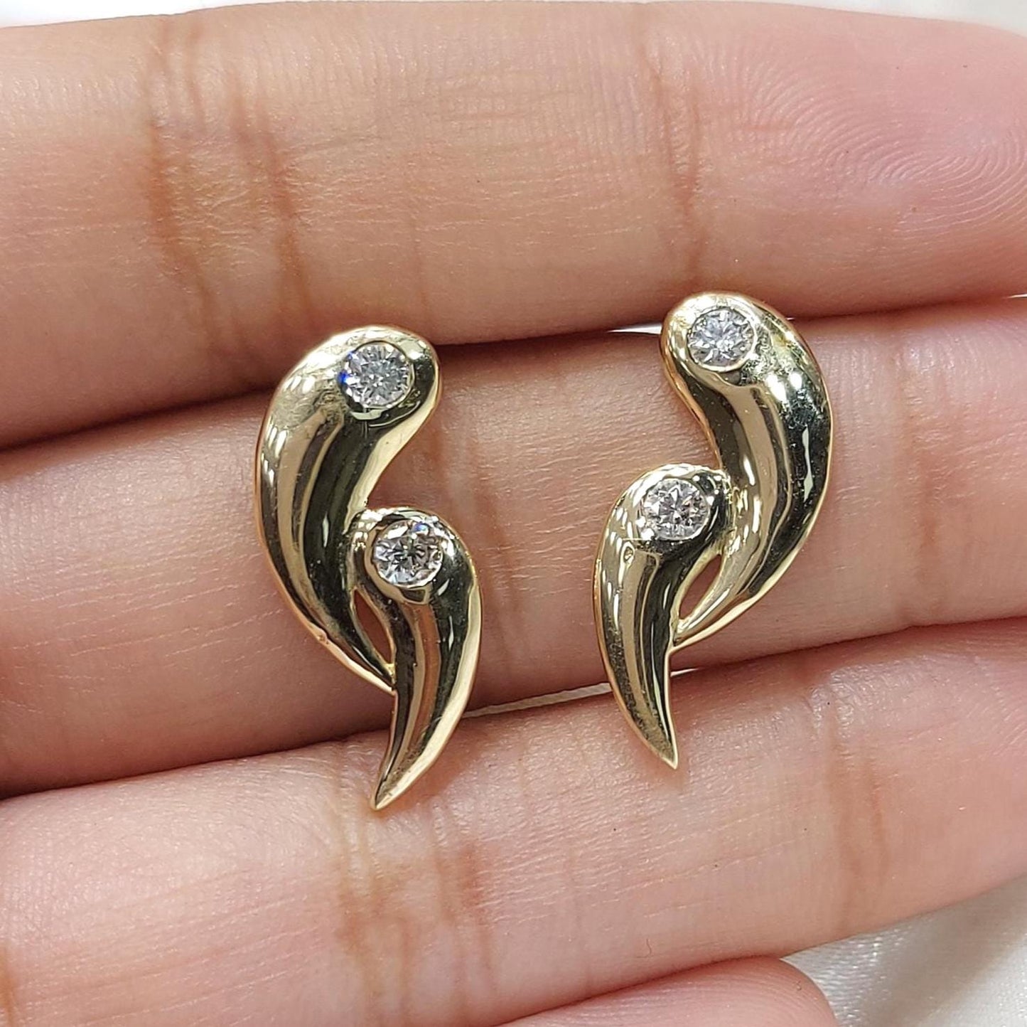 Curved Diamond Stud Earrings in 14K Yellow Gold, Minimalist Wave Earrings, Dainty Gold Diamond Studs, Modern Everyday Earrings, Perfect gift Moissanite engagement ring in Gold or Platinum — custom handcrafted by Forever For Love