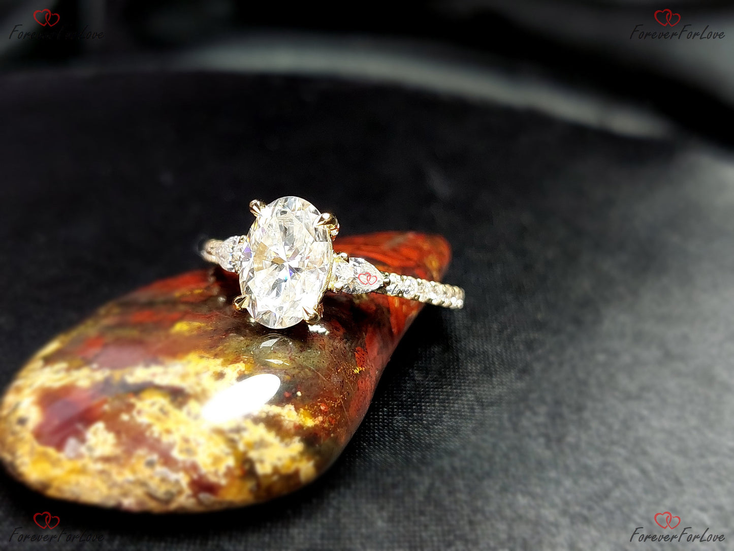 Bague de Fiançailles Ovale Moissanite 1,5 Carat et Poire Trois Pierres Oval cut Moissanite engagement ring in Gold or Platinum — custom handcrafted by Forever For Love