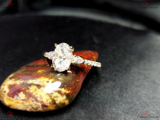 1.5 Ct Oval Diamond, Moissanite Three Stone Engagement Ring