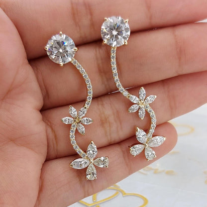 2,5 Karat Gesamt E/VVS2 Blumenranken Diamant Ohrhänger, runder, Marquise- & tropfenförmiger Labor-Diamant, Massivgold, Hängeohrringe, perfektes Geschenk